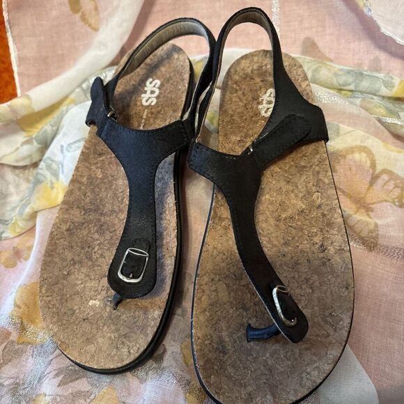 SAS EUC Sanibel  Sandal Size 10M Solid Black-Strap Slide Thong - Picture 1 of 9